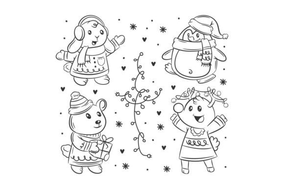 Christmas Animal Set of Hand Drawn Illustrations