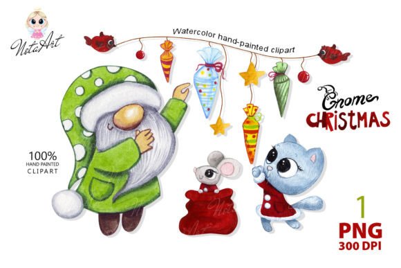 Christmas Gnome with a Kitten and a Mous Illustrations