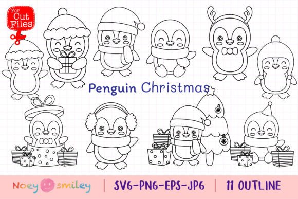 Penguin Christmas Outline Clipart: Xmas Illustrations