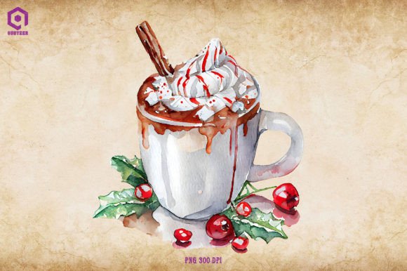 Watercolor Christmas Hot Cocoa 17 Illustrations